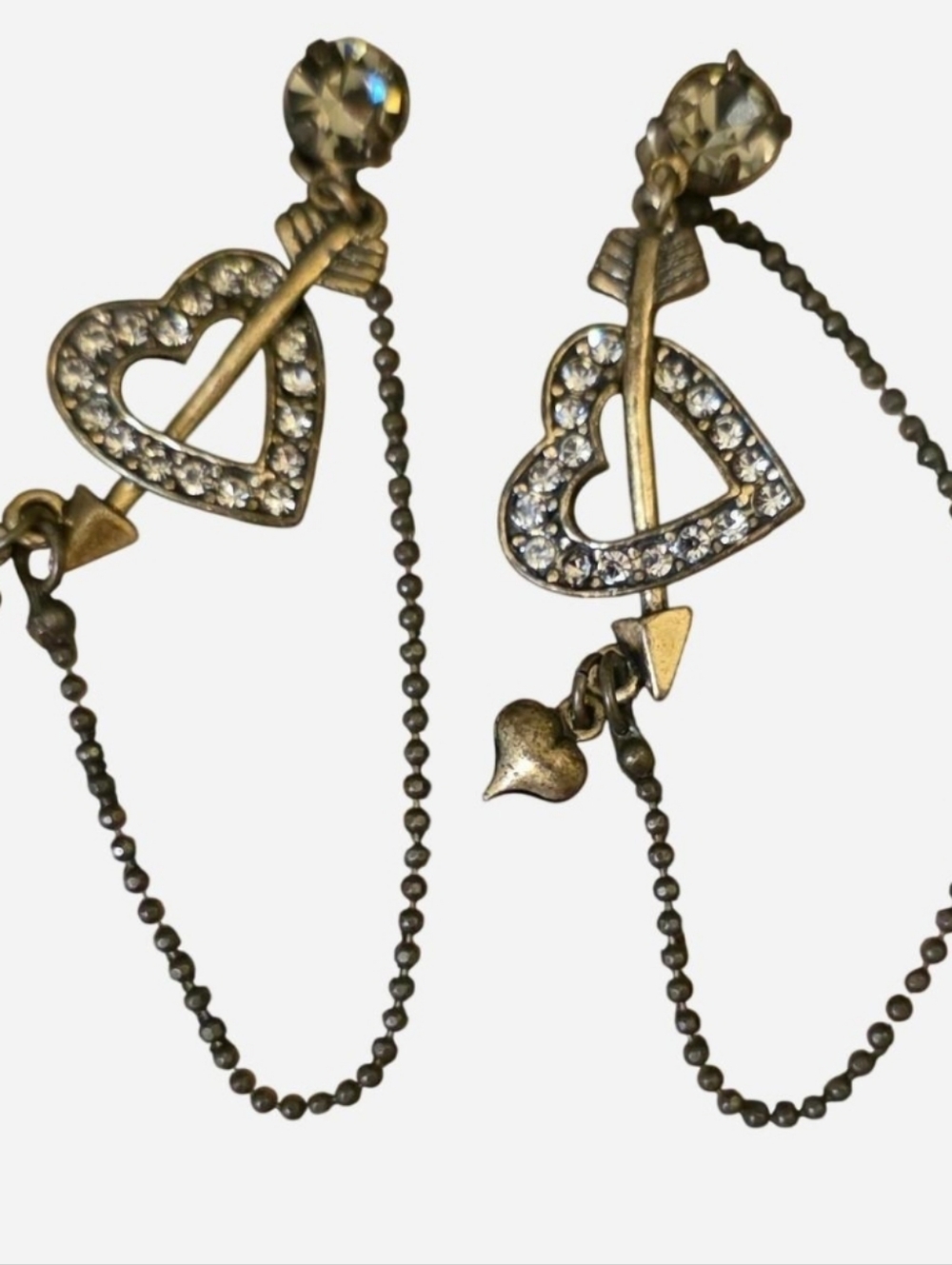 Vintage Betsey Johnson Antique Gold Heart Arrow Drop Earrings w/Rhinestones - Picture 2 of 6